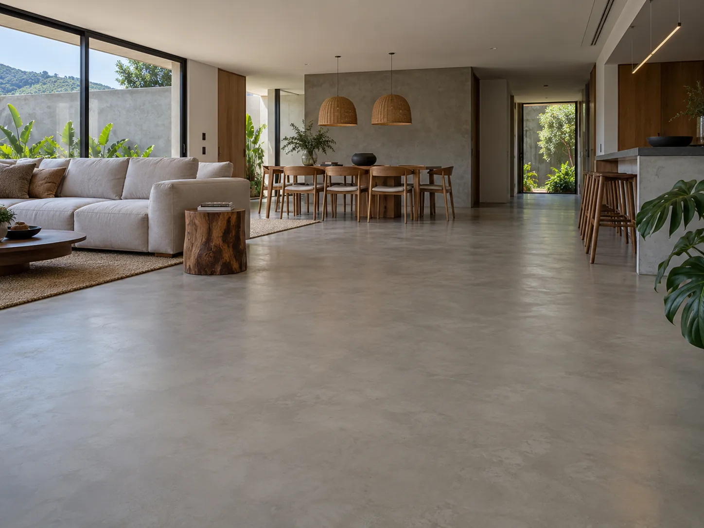 Sala de estar ampla com piso de cimento queimado